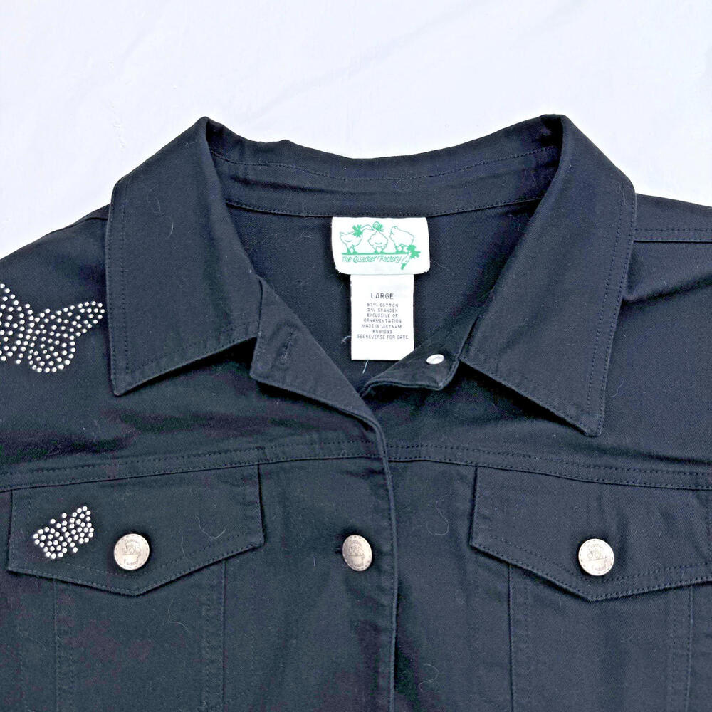 Quacker Factory Womens Large Black Denim Jacket Rhinestone Butterfly Design - Picture 2 of 9